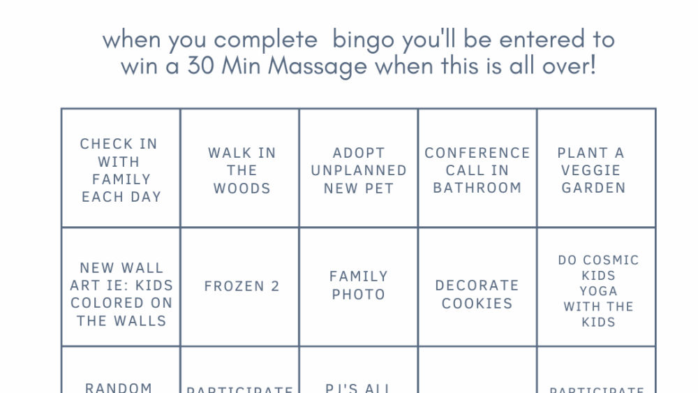 WE WANT TO MIX IT UP A BIT… share a photo, like the page and tag us in it with the hashtag #coggeshallquarantinebingo and we will enter you to win a half hour massage once this difficult time in everyone’s lives has passed.